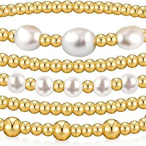Gold Beaded Bracelets Set Women Pearl Gold Stretch Jewelry for Gift 80